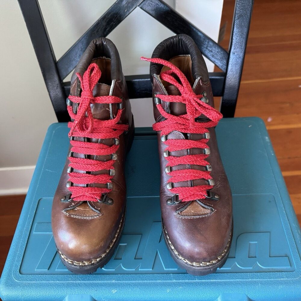 Vintage Leather Italian Mountaineering Hiking Boots Vibram Work Soles Men's 9D